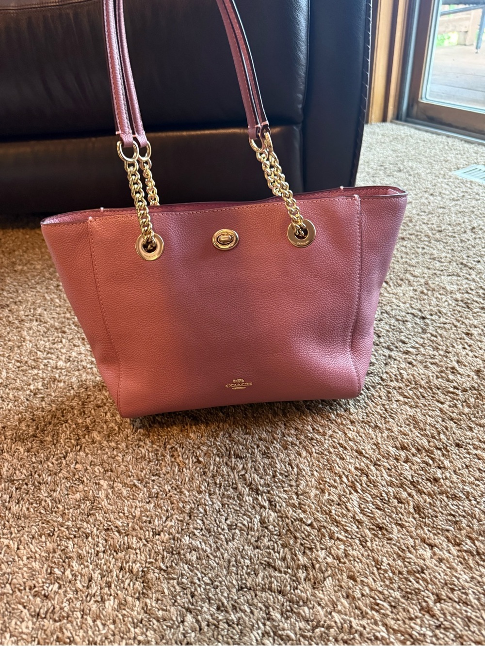 Coach Pink Pebbled Leather Tote with Gold Chain Straps